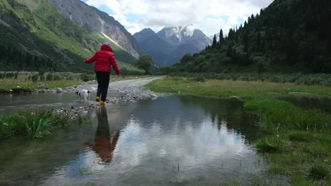 Woman in a red jacket walking with a small dog by a scenic reflection pool Stock Footage 341503671