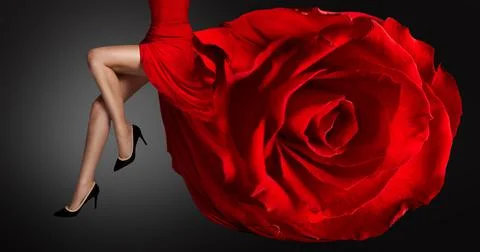 Woman Red Rose Dress Fashion. Legs Beauty in Black High Heels Shoes Stock Photos