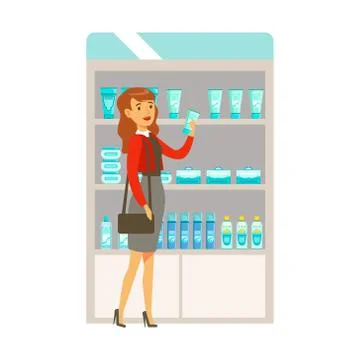 Woman In Red Top In Pharmacy Choosing And Buying Drugs And Cosmetics, Part Of Stock Illustration