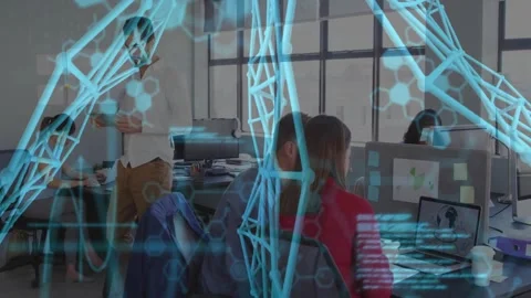 Woman in red working laptop while man reviewing notes and walking, tech overlay Stock Footage 334312266