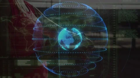 Woman reflection initiating 3D globe rotating on glass, tech UI charts shifting Stock Footage 320726531