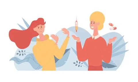 Woman refusing plastic jections and pills vector flat illustration Stock Illustration