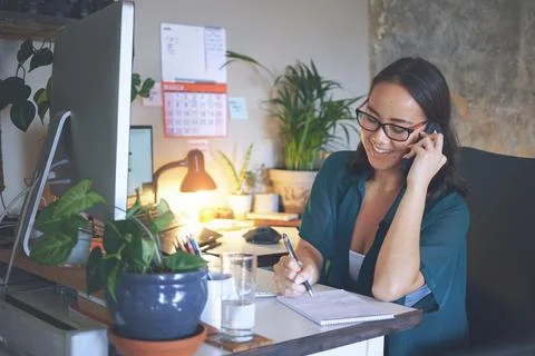 Woman, remote work and notes with phone call at house for planning, schedul.. Stock Photos