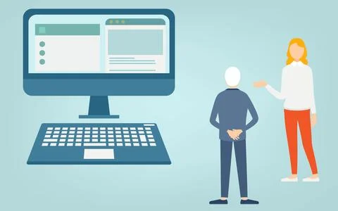 A woman reporting to an elderly man next to a computer monitor 스톡 일러스트