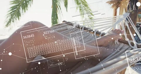 Woman resting on hammock as tech overlay activating animating data boxes across Stock Footage 330191379