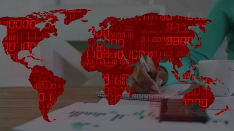Woman reviewing chart, writing notes for business, red binary world map overlay Stock Footage 335739228
