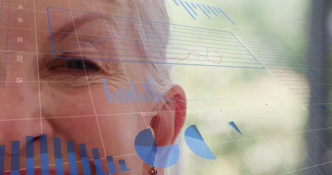 Woman reviewing data analytics with 3D grid appearing bar charts pie charts line Stock Footage 320415947