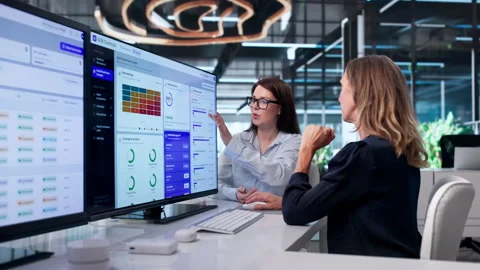 Woman Reviews Software Dashboard On Computer Vídeo Stock 342987283