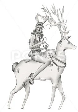 Woman riding an elk dressed in underwear, high hills, rabbit's tail and years Stock Illustration
