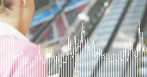 Woman riding escalator using smartphone audio tech generating waveform while Stock Footage 312348583