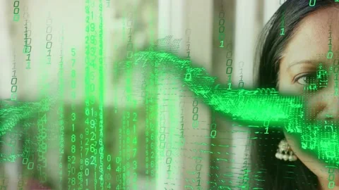 Woman at right, from left green binary digits forming 3D wave sweeping face, Stock Footage 333368567