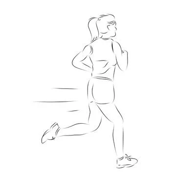 Woman run runner, simple vector hand draw outline sketch, isolated on white 스톡 일러스트