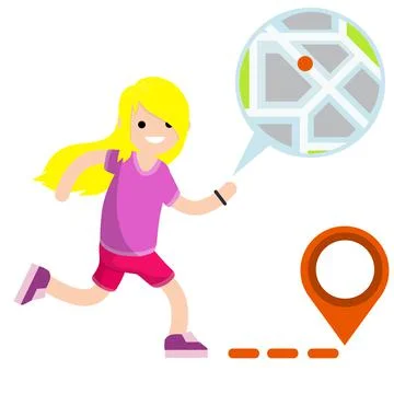 Woman run with smart watch. Tracking and city map. Navigation and route search Illustrazione stock