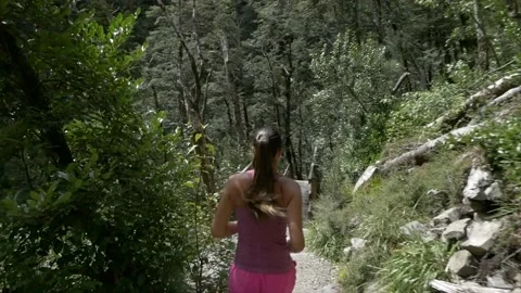 Woman running down Hill on Forest trail New Zealand Stock Footage