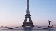 Woman Running In Front Of The Eiffel Tower Stock Footage