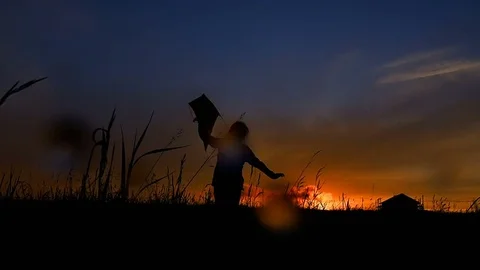 Woman Running Kite Summer Nature Field Sunset Stock Footage