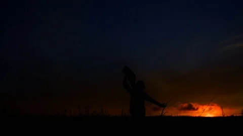 Woman Running Kite Summer Nature Field Sunset Stock Footage