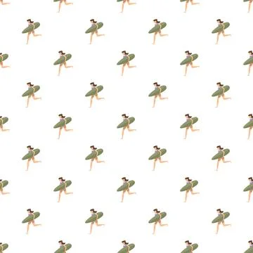 Woman running with surfboard seamless pattern Stock Illustration