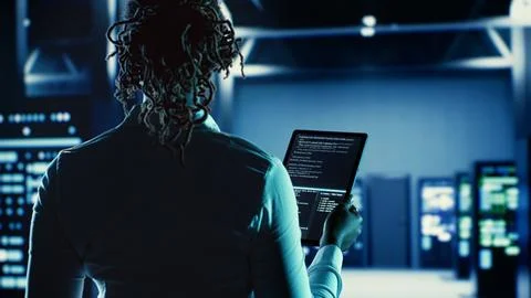 Woman runs code in data center Stock Photos