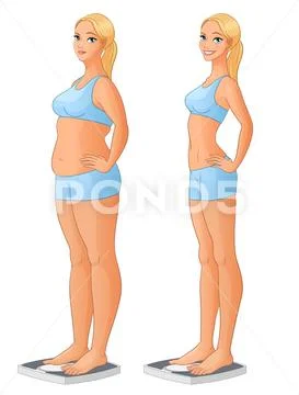 Woman on scale before and after weight loss. Vector illustration. Stock Illustration