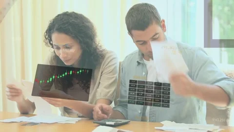 Woman scanning bills pair sorting receipts on calc animated chart rising over Vídeo Stock 333033862