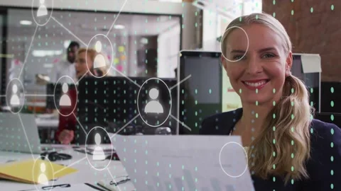 Woman scanning document for team, starting business network spreading over Stock Footage 333426039