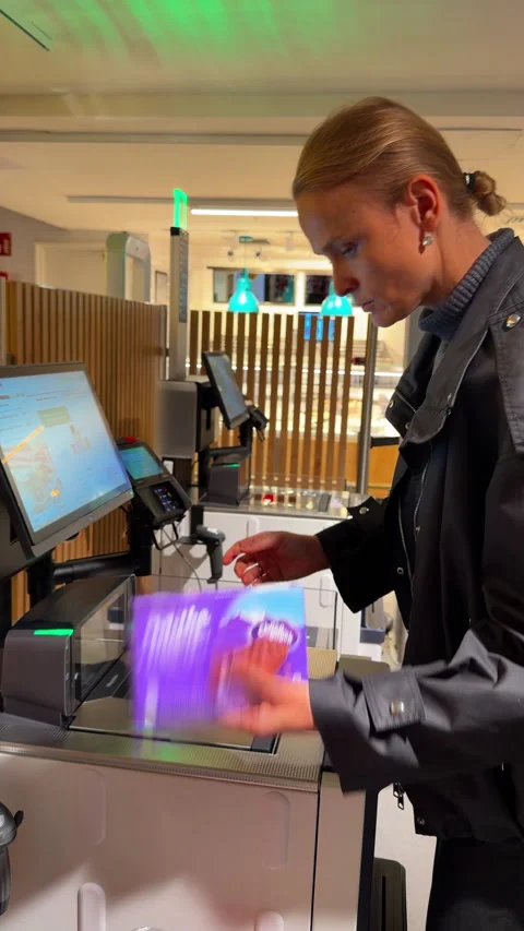 Woman scanning item at self-checkout kiosk in El Corte ingles supermarket Stock Footage 336820002