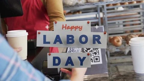 Woman scanning QR code with phone, animating Happy LABOR DAY while coffee shop Vidéo 340654698