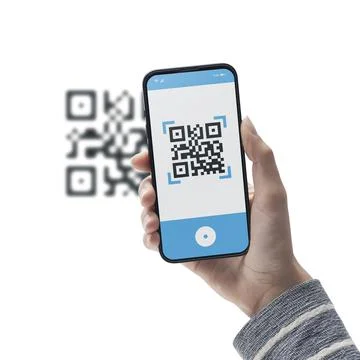 Woman scanning a QR code using her smartphone Foto stock
