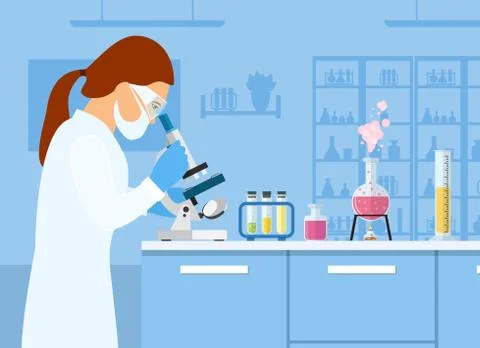 Woman scientist looking through microscope Stock Illustration