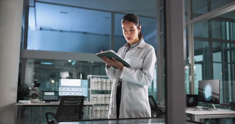 Woman, scientist or interactive display for medical breakthrough, clinical trial Stock Footage 305168083