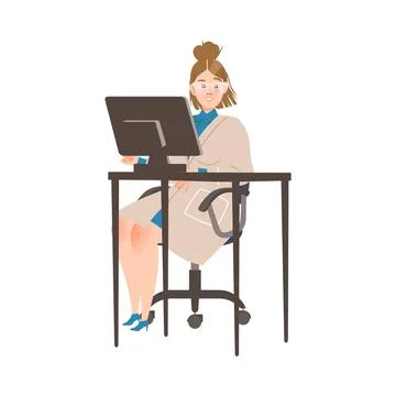 Woman Scientist Sitting at Table with Computer Conducting Scientific Research Stock Illustration