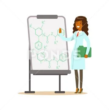 Woman scientist stands next to whiteboard with formula Stock Illustration