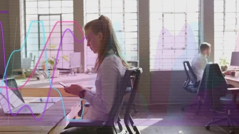 Woman scrolling smartphone checking data in business, waveforms growing and Stock Footage 333657098