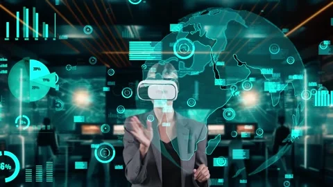 Woman searching coding program finance data by VR at data center. Contraption. Stock Footage 275876161