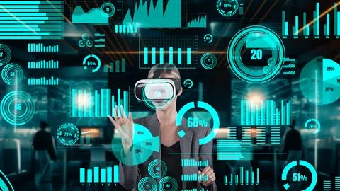 Woman searching coding program of finance data by VR data center. Contraption. Stock Photos