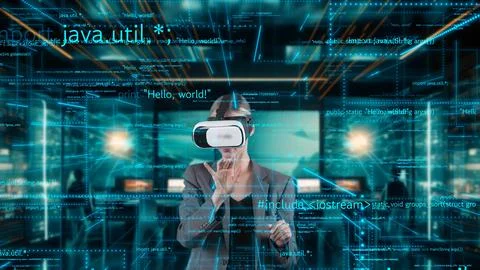 Woman searching coding program of finance data by VR data center. Contraption. Stockfoto's