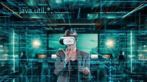 Woman searching coding program finance data by VR at data center. Contraption. Stockfoto's