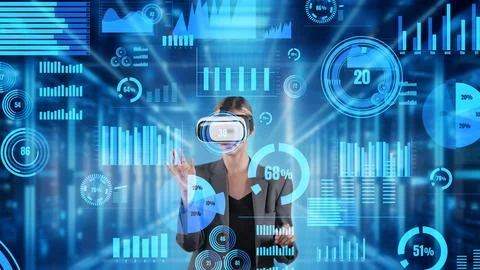Woman searching coding program of finance data by VR server room. Contraption. Stock Photos