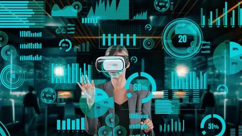 Woman searching coding program of finance data by VR data center. Contraption. Stockfoto's