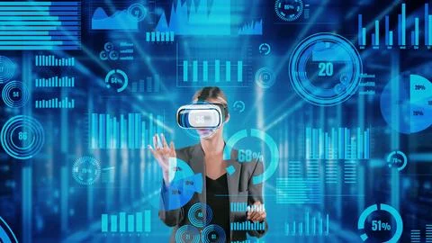 Woman searching coding program of finance data by VR server room. Contraption. Stock-Fotos