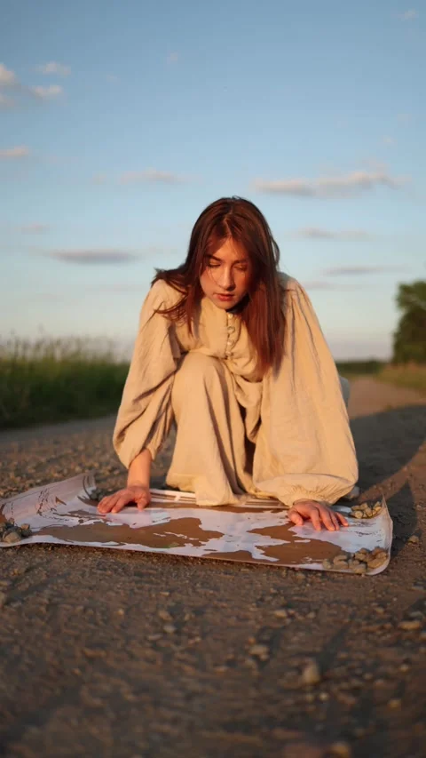 Woman searching world map in post apocalyptic landscape after climate collapse Vidéo 337941504