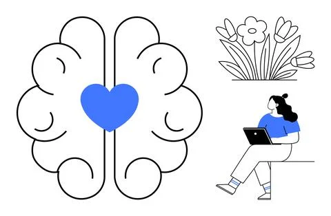 Woman seated and using a tablet, heart-brain symbol, flowers. Ideal for welln Illustrazione stock