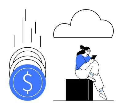 Woman seated on block using tablet, surrounded by falling coins and cloud. Id Stockillustratie