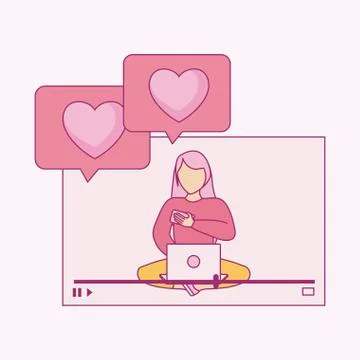 Woman seated using laptop computer with speech bubbles Illustrazione stock