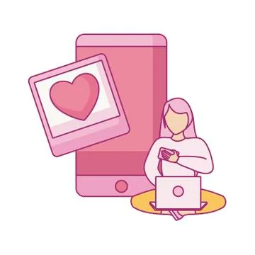 Woman seated using laptop computer with smartphone 스톡 일러스트