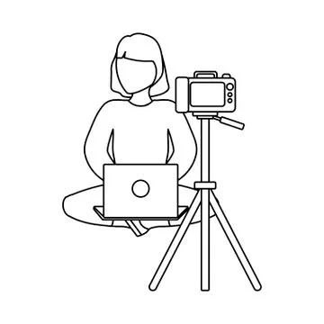 Woman seated using laptop computer with photographic camera イラスト素材