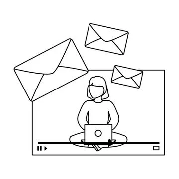 Woman seated using laptop computer with envelopes Illustrazione stock