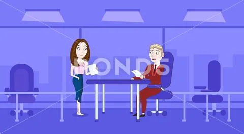 Woman Secretary Giving Boss Sitting At Desk Contracts or Documents Over Stock Illustration