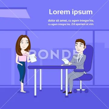 Woman Secretary Giving Boss Sitting At Desk Contracts or Documents Over Stock Illustration